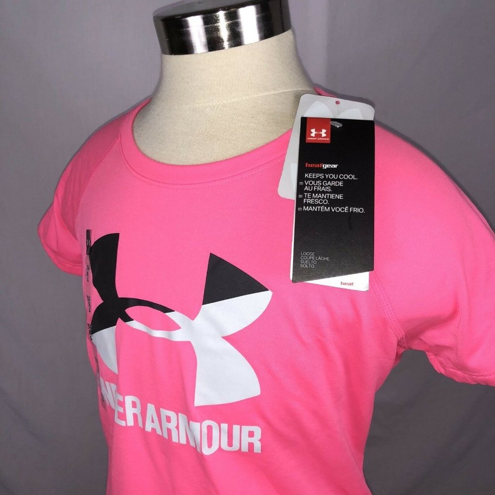 Girls YLG Under Armour HeatGear Pink Tee Shirt - Picture 2 of 6